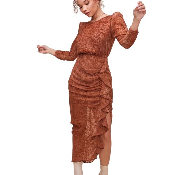 ASTR the Label Samara Dress Ginger Brown Velvet Dot Sheer Ruffle Slit Midi - Picture 1 of 16